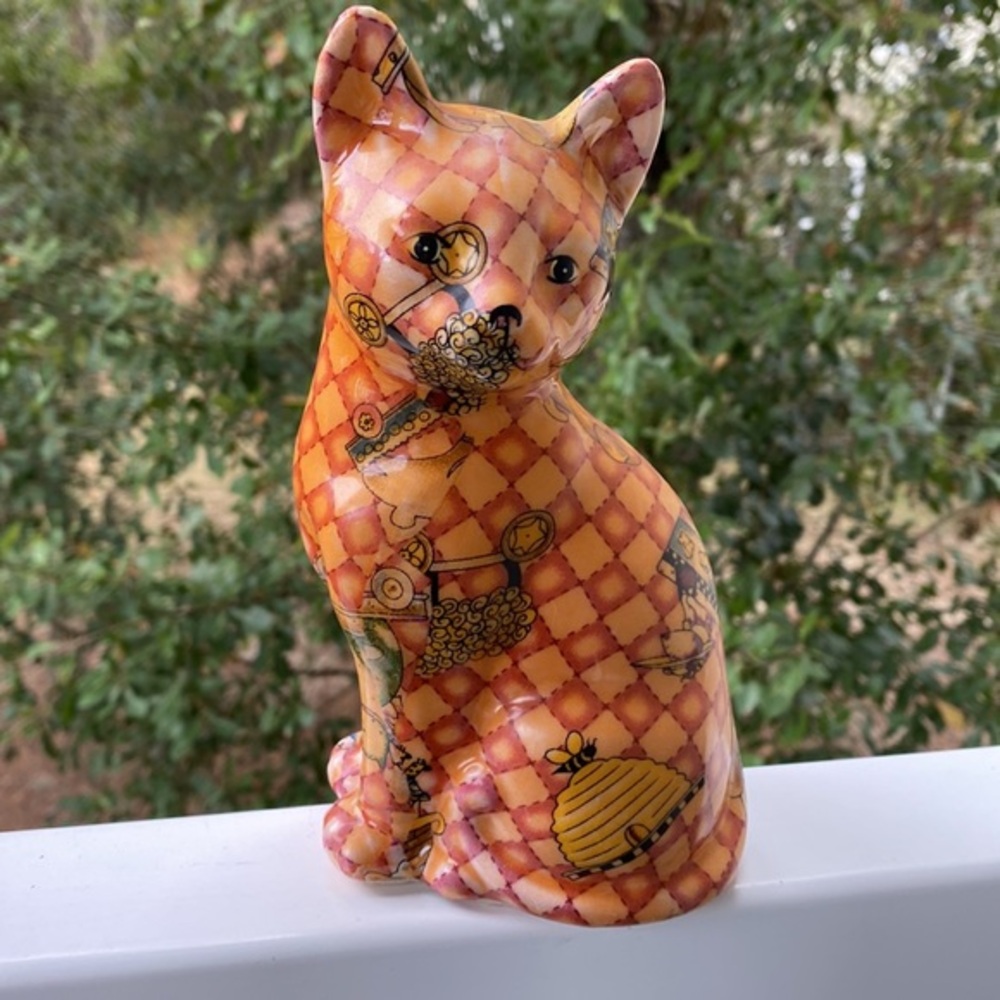 Ceramic Paper Mache Look Cat Pink with Puppies Bees Kitty Angel Design Figurine